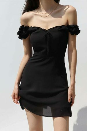 Off Shoulder Black Mini Dress with Puff Sleeves and Ruffle Flounce