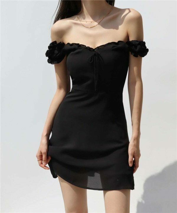 Off Shoulder Black Mini Dress with Puff Sleeves and Ruffle Flounce