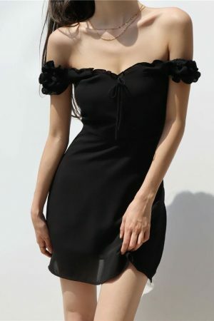 Off Shoulder Black Mini Dress with Puff Sleeves and Ruffle Flounce