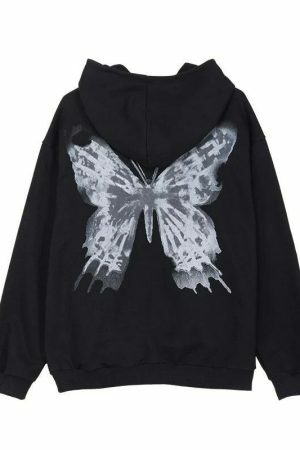 Oversized Butterfly Print Hoodie, Harajuku Y2K Zip-Up Jacket