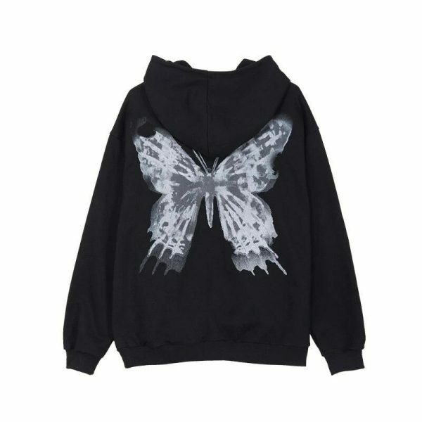 Oversized Butterfly Print Hoodie, Harajuku Y2K Zip-Up Jacket