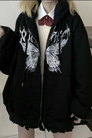 Oversized Butterfly Print Hoodie, Harajuku Y2K Zip-Up Jacket