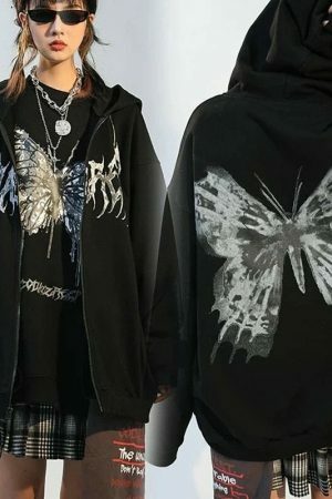 Oversized Butterfly Print Hoodie, Harajuku Y2K Zip-Up Jacket