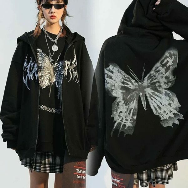 Oversized Butterfly Print Hoodie, Harajuku Y2K Zip-Up Jacket