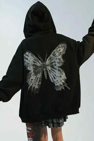 Oversized Butterfly Print Hoodie, Harajuku Y2K Zip-Up Jacket