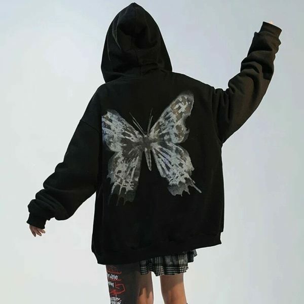 Oversized Butterfly Print Hoodie, Harajuku Y2K Zip-Up Jacket