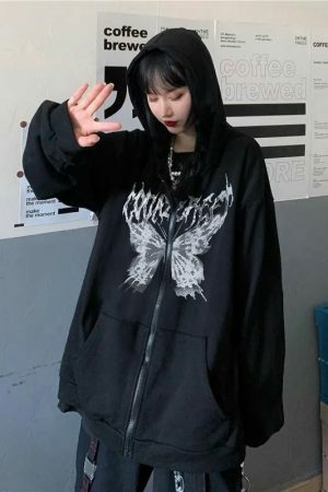 Oversized Butterfly Print Hoodie, Harajuku Y2K Zip-Up Jacket