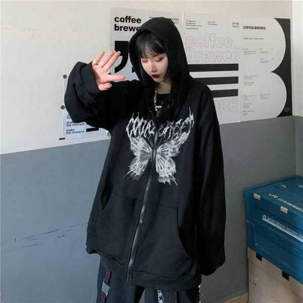 Oversized Butterfly Print Hoodie, Harajuku Y2K Zip-Up Jacket