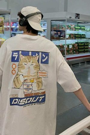 Oversized Cat Graphic Tee Y2K Harajuku Streetwear Shirt