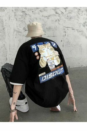 Oversized Cat Graphic Tee Y2K Harajuku Streetwear Shirt