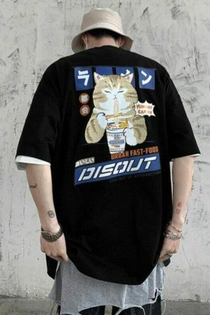 Oversized Cat Graphic Tee Y2K Harajuku Streetwear Shirt