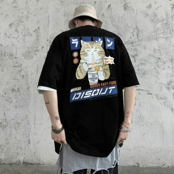 Oversized Cat Graphic Tee Y2K Harajuku Streetwear Shirt