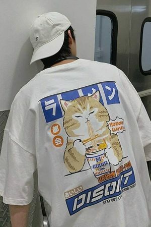 Oversized Cat Graphic Tee Y2K Harajuku Streetwear Shirt