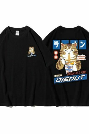 Oversized Cat Graphic Tee Y2K Harajuku Streetwear Shirt