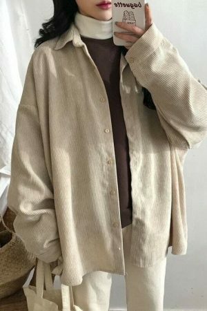 Oversized Corduroy Harajuku Shirt: Y2K Streetwear Aesthetic