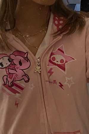 Oversized Pink Y2K Harajuku Zip-Up Hoodie with Gothic Kawaii Style