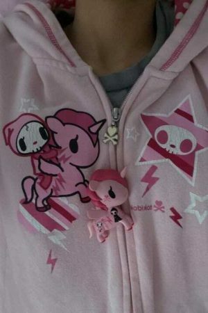 Oversized Pink Y2K Harajuku Zip-Up Hoodie with Gothic Kawaii Style