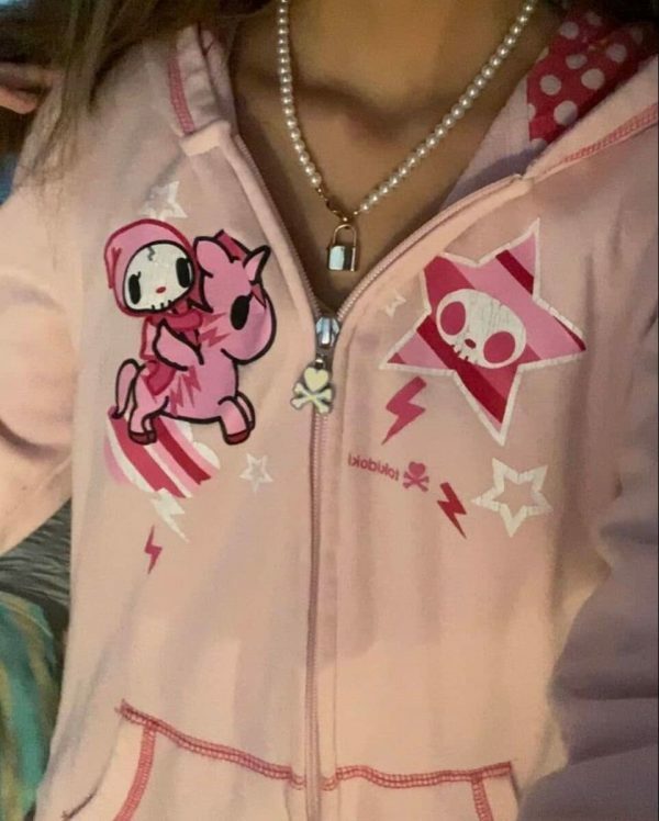 Oversized Pink Y2K Harajuku Zip-Up Hoodie with Gothic Kawaii Style