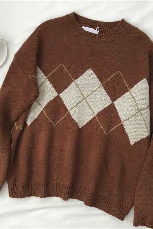 Oversized Plaid Geometric Sweater for Women