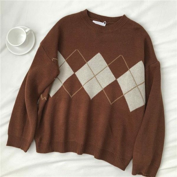 Oversized Plaid Geometric Sweater for Women