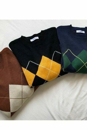 Oversized Plaid Geometric Sweater for Women