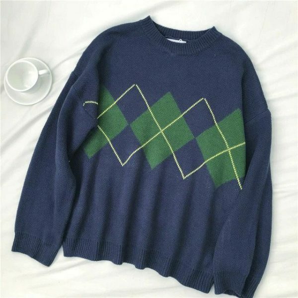 Oversized Plaid Geometric Sweater for Women