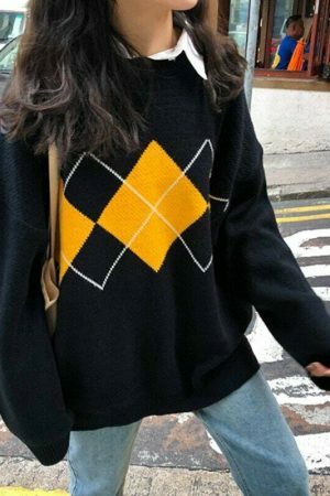 Oversized Plaid Geometric Sweater for Women