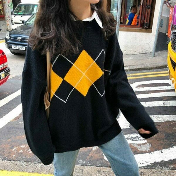 Oversized Plaid Geometric Sweater for Women