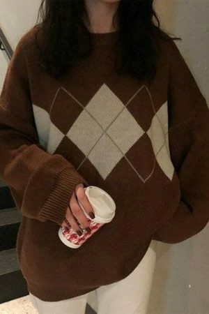 Oversized Plaid Geometric Sweater for Women