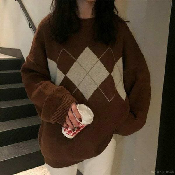 Oversized Plaid Geometric Sweater for Women