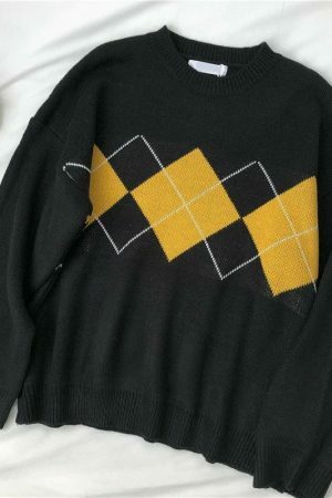 Oversized Plaid Geometric Sweater for Women