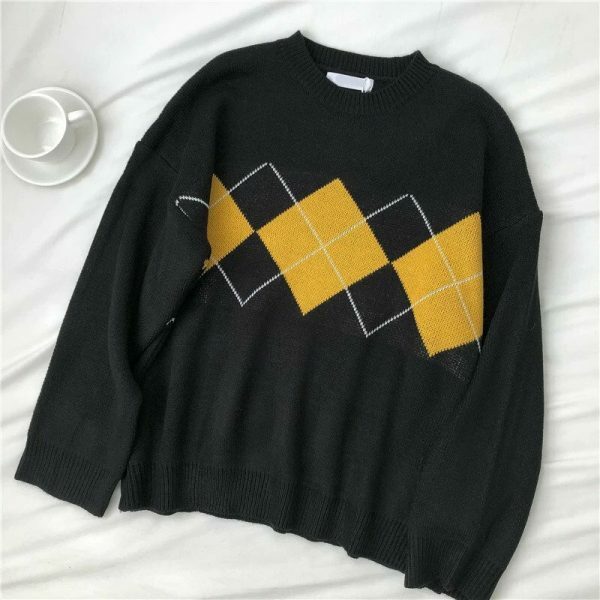 Oversized Plaid Geometric Sweater for Women