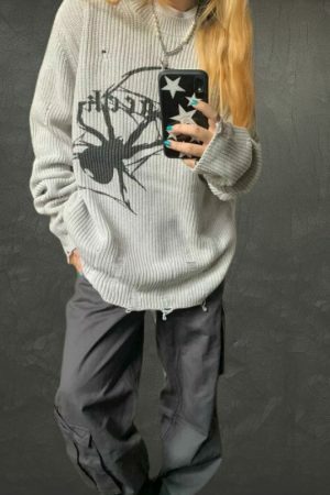 Oversized Spider Embroidery Knit Sweater - Y2K Streetwear Aesthetic