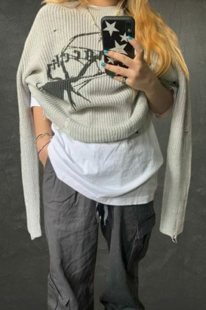 Oversized Spider Embroidery Knit Sweater - Y2K Streetwear Aesthetic