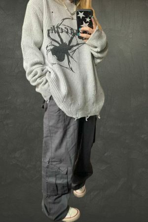 Oversized Spider Embroidery Knit Sweater - Y2K Streetwear Aesthetic