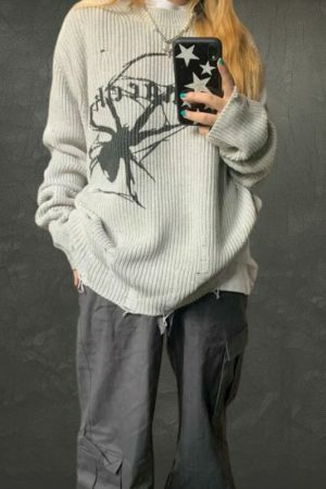 Oversized Spider Embroidery Knit Sweater - Y2K Streetwear Aesthetic