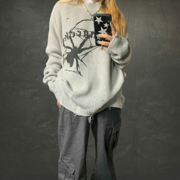 Oversized Spider Embroidery Knit Sweater - Y2K Streetwear Aesthetic