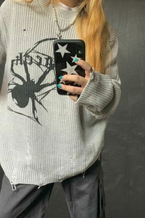 Oversized Spider Embroidery Knit Sweater - Y2K Streetwear Aesthetic