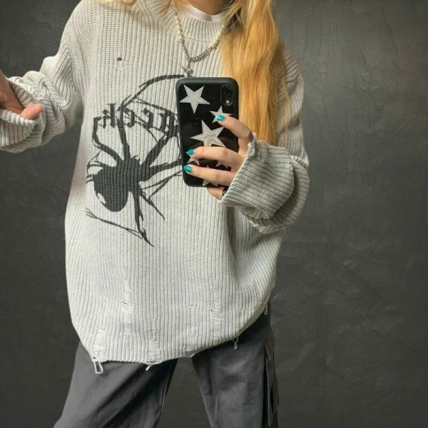 Oversized Spider Embroidery Knit Sweater - Y2K Streetwear Aesthetic