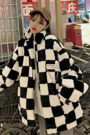 Oversized Y2K Checkerboard Pattern Zip-Up Jacket