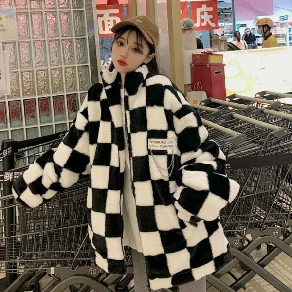 Oversized Y2K Checkerboard Pattern Zip-Up Jacket