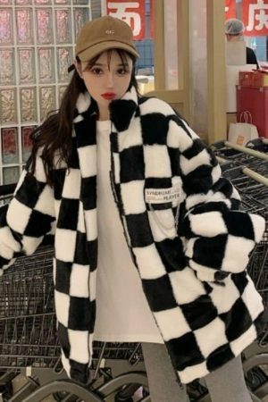 Oversized Y2K Checkerboard Pattern Zip-Up Jacket