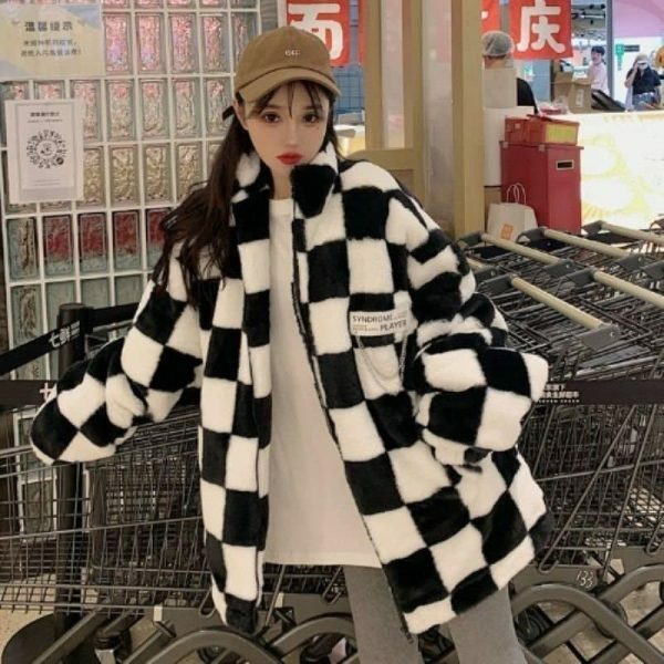 Oversized Y2K Checkerboard Pattern Zip-Up Jacket