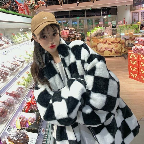 Oversized Y2K Checkerboard Pattern Zip-Up Jacket