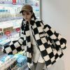 Oversized Y2K Checkerboard Pattern Zip-Up Jacket