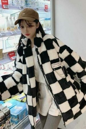 Oversized Y2K Checkerboard Pattern Zip-Up Jacket