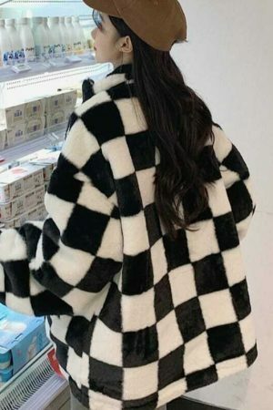 Oversized Y2K Checkerboard Pattern Zip-Up Jacket