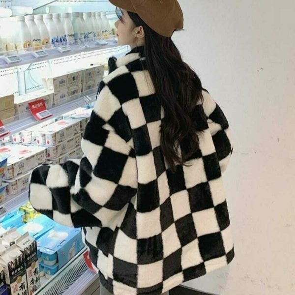 Oversized Y2K Checkerboard Pattern Zip-Up Jacket