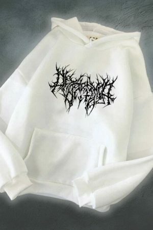 Oversized Y2K Goth Print Hoodie, Long Sleeve Embroidered Harajuku Pullover