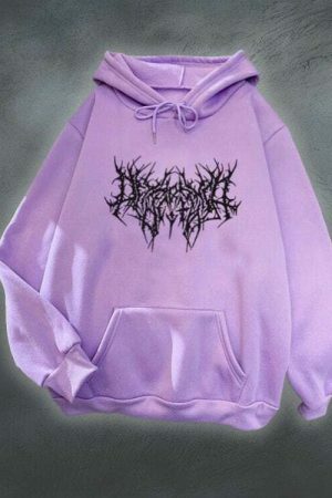 Oversized Y2K Goth Print Hoodie, Long Sleeve Embroidered Harajuku Pullover